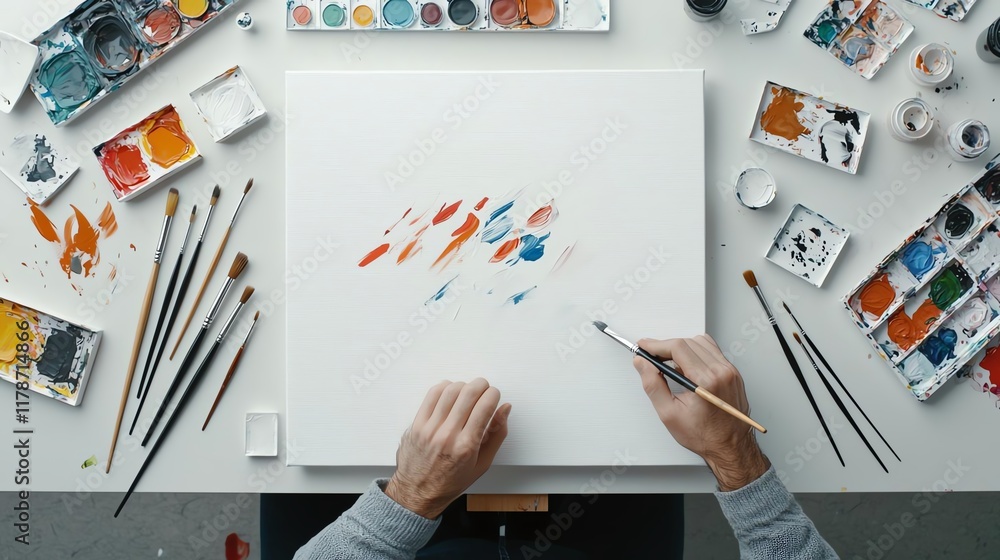 Poster top view of a person creating art with paints and brushes on a canvas, surrounded by vibrant colors.