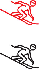 Minimalist ski icon, red and black versions, simple line drawing, stick figure skier, downhill slope, dynamic pose, winter sports symbol, graphic design element, clean lines, stylized representation, 