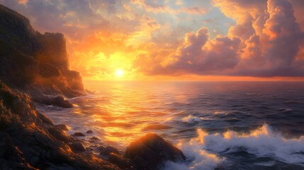 Serene sunset over rocky coastline with vibrant clouds and waves.