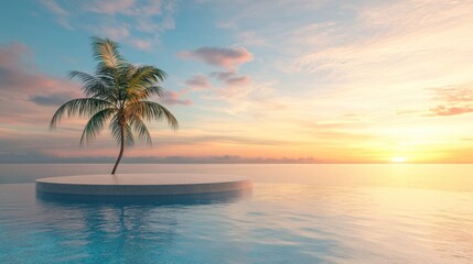 Fototapeta premium Serene sunset over calm ocean, single palm tree on a small island platform.
