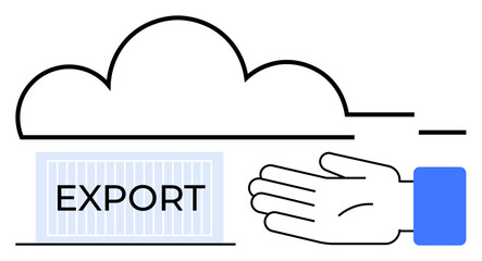 Cloud shape with blue EXPORT container and open hand. Ideal for tech, data transfer, cloud services, logistics, digital storage, export services, business processes. Line metaphor