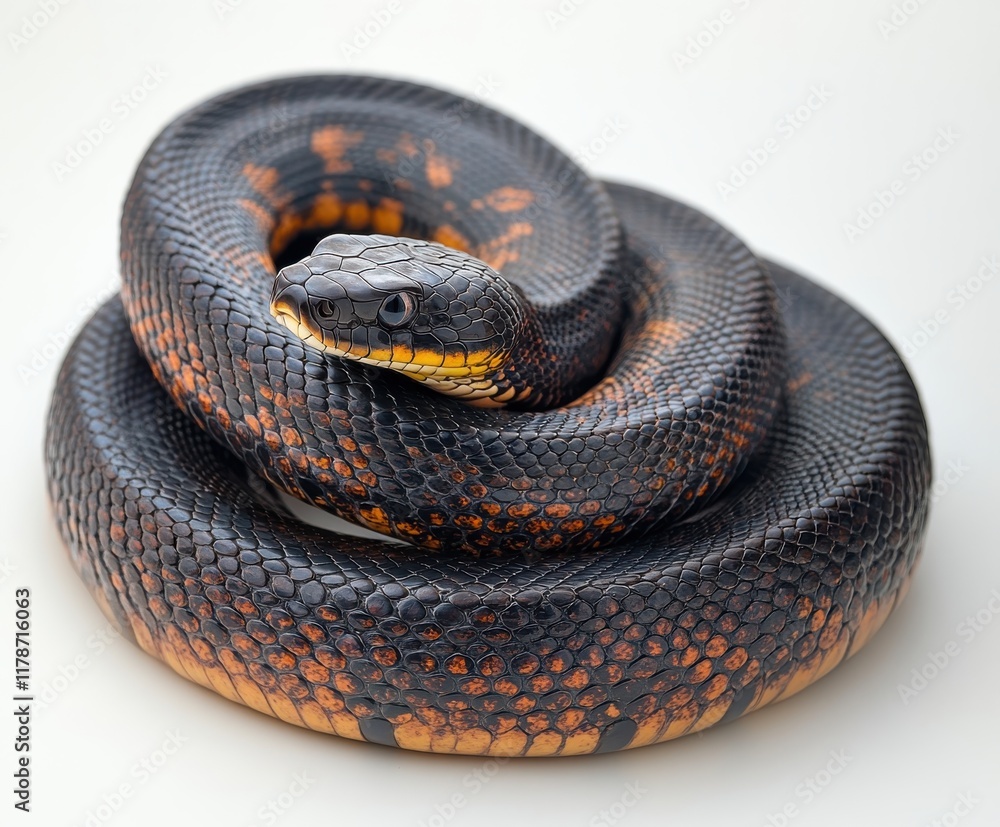 Poster realistic close-up of a coiled black and orange snake with smooth scales showcasing intricate textur