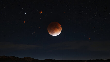 A breathtaking panoramic view of the lunar eclipse as seen from Earth, showcasing the moon transitioning through its various phases against a starry night sky