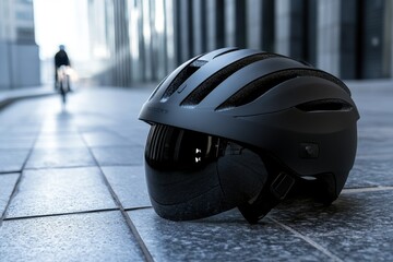 Fototapeta premium Black cycling helmet rests on urban pavement with cyclist in background