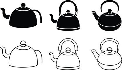 Boiling kettle icon set. Hot teapot with steam kitchenware sign flat and line vector collection isolated on transparent background. Traditional tea kettle for hot beverage or water scrapbooking design