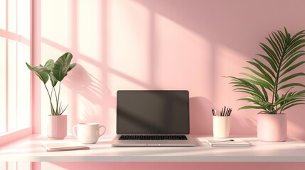 Fototapeta premium Minimalist pink workspace with laptop, plants, and coffee.