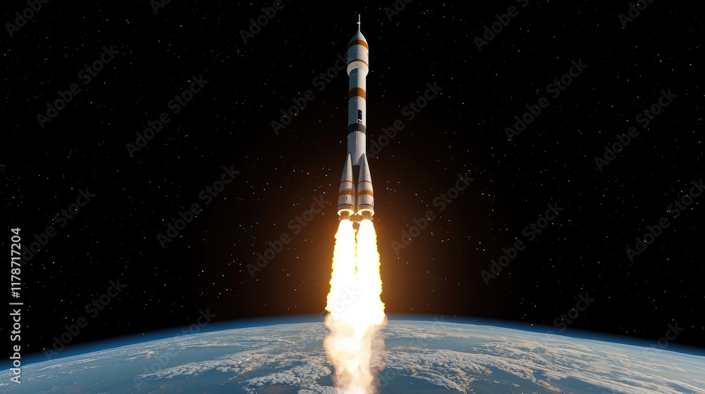Poster rocket launch event earth orbit digital art outer space high angle space exploration concept