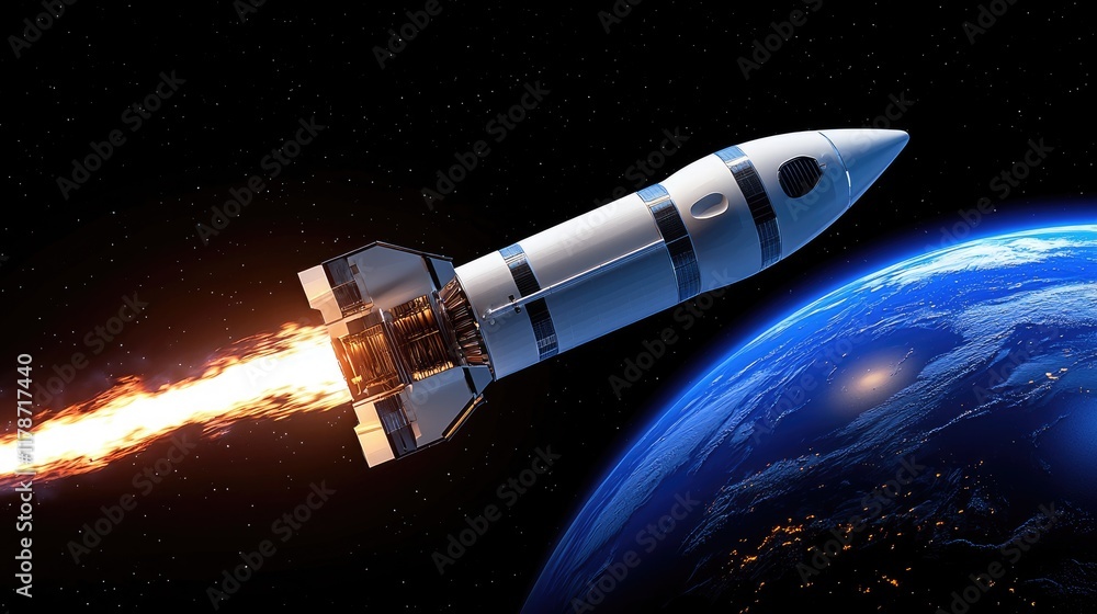 Poster rocket launch into space earth orbit 3d animation cosmic environment dynamic view exploration concep