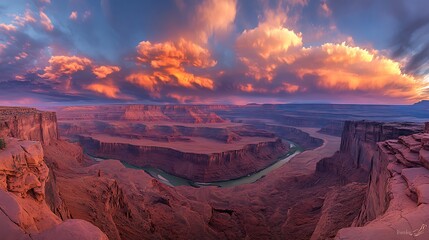 Canyonlands sunset panorama River bend, dramatic cloudscape, vast desert landscape. Ideal for travel, nature documentaries.