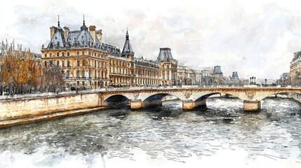 Obraz premium Parisian Bridge Seine River Watercolor Architecture Cityscape