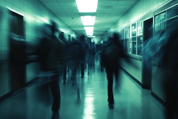 Students walking quickly down a school hallway during a busy morning transition period