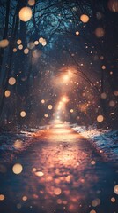 Naklejka premium Blurred warm light clusters illuminating a snowy path surrounded by dense forest evoking a tranquil and magical winter setting