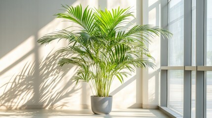 Fototapeta premium Large potted palm tree in sunlight by window.