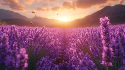Obraz premium Lavender Sunset: A Serene Field of Purple Blossoms at Golden Hour