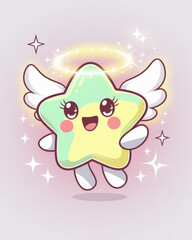 Fototapeta premium Cute star illustration with rosy cheeks and magical sparkles. Kawaii star design with angel features and pastel colors on a light color background.