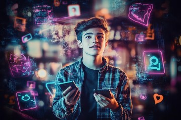 Teenager engaged with two smartphones and digital graphics in a vibrant, tech-filled environment