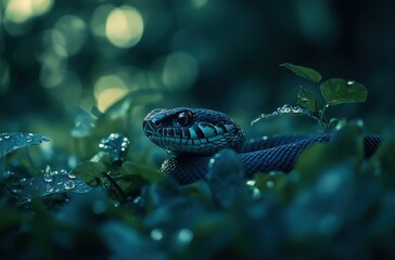 Serene Snake Among Dewy Green Leaves in Mystical Forest Setting Captured in Soft Focus with Enchanting Bokeh Effect, Highlighting Nature's Beauty and Fine Details