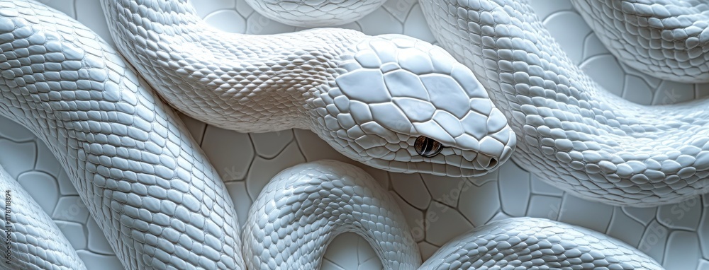 Poster serpentine beauty: a close-up of a strikingly textured white snake curled elegantly on a subtle back