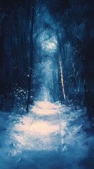 Fototapeta premium Blurred warm light clusters illuminating a snowy path surrounded by dense forest evoking a tranquil and magical winter setting