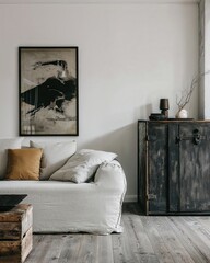 Generative AI, Modern bohemian living room with tinted glass cabinet, modular sofa, and recycled metal furniture