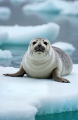 Close-up view of harbor seal resting on ice floe in Kenai Fjords National Park Alaska. Cute animal in cold arctic environment. Wildlife in natural habitat. Seal looks directly at camera. Ice, ocean