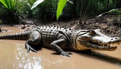 Large crocodile basking in a shallow muddy waterhole, surrounded by lush green vegetation.