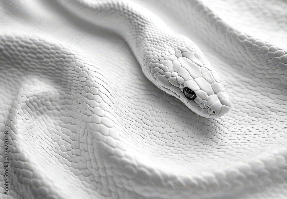 Poster striking close-up of an immaculate white snake gliding elegantly across a soft surface, displaying i