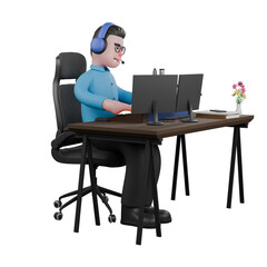 A male radio announcer sits with a computer on the table while typing on the keyboard