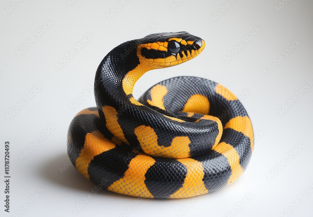 Poster stunning black and yellow snake curled elegantly on a minimalist background with smooth texture, sho