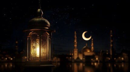 Lantern and a crescent moon for Eid Mubarak and Ramadan Kareem on a black background, with copy space for text