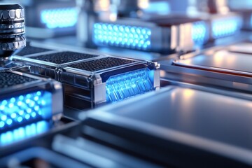 Complex arrangement of illuminated digital components in a modern technological setup