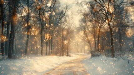 Abstract blurred bokeh glow softly scattered along a frosty forest trail with snow-covered trees evoking a serene seasonal feel
