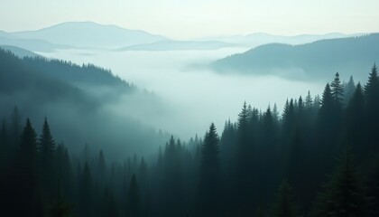 Fototapeta premium Misty Mountain Forest at Dawn