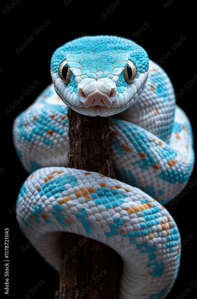 Poster stunning close-up of a colorful snake coiling around a branch, showcasing intricate scales and uniqu