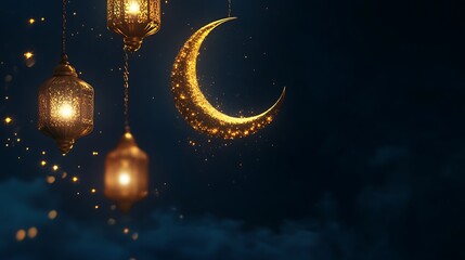 Golden Crescent Moon and Sparkling Lanterns: A Festive Night Scene