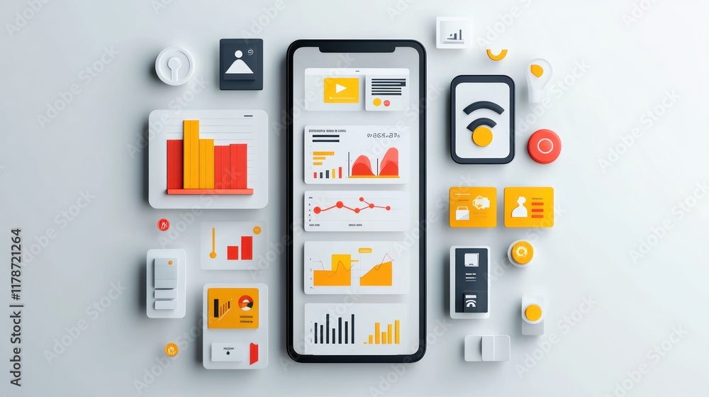 Poster mobile phone displaying various charts and graphs, surrounded by app icons.