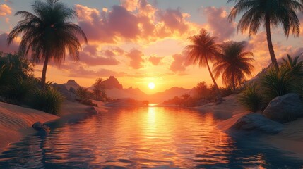 Tropical Sunset Paradise: Serene Beach at Golden Hour