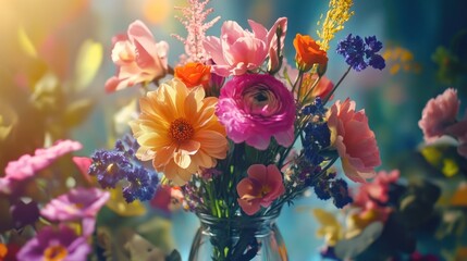 Fototapeta premium Vibrant colorful flower bouquet in glass vase, sunlit.