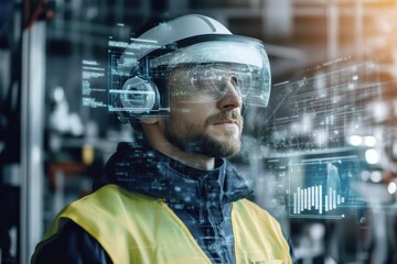Worker using augmented reality headset for industrial applications in a modern facility