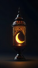 Obraz premium Lantern and a crescent moon for Eid Mubarak and Ramadan Kareem on a black background, with copy space for text