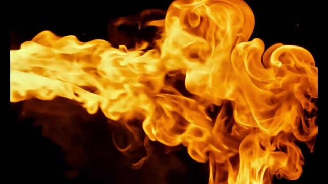  Slow motion speed close up scene on burning stream pattern as background. hot as inferno flame, abstract beautiful fire texture, black smoke from petroleum oil ignition, flamethrower injection