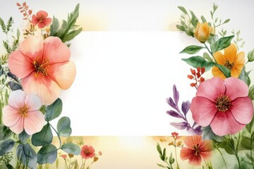 Watercolor blank greeting card template, floral border. Holiday template with copy space