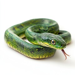 Fototapeta premium Stunning Close-Up of a Vibrant Green Snake Curled Up, Showcasing Its Smooth Scales and Intriguing Features Against a Clean Background