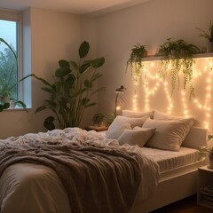 A cozy bedroom with soft lighting and decorative plants, creating a relaxing atmosphere.