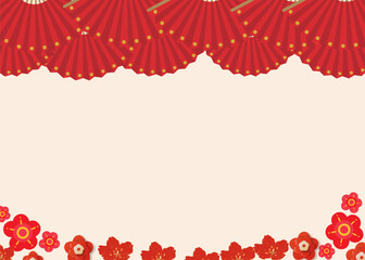 Paper Fan and Flower china  Decoration Style for Happy Chiness New Year Festival. Chinese lantern festival. Realistic 3d design. Horizontal poster, greeting card, headers website vector illustration 