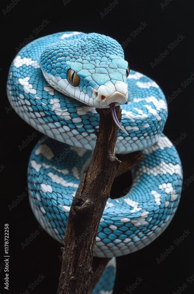 Aufkleber stunning close-up of a vibrantly colored blue python coiling around a branch against a dark backgrou