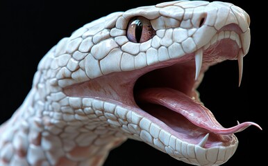 Fototapeta premium Stunning Close-Up of an Eye-Catching White Snake with Intricate Scales and Open Mouth, Showcasing Its Sharp Fangs and Unique Coloration in a Dark Background