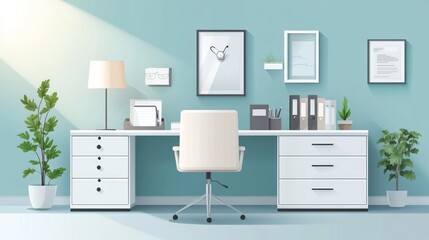 Modern minimalist home office interior design with white desk, chair, and plants.