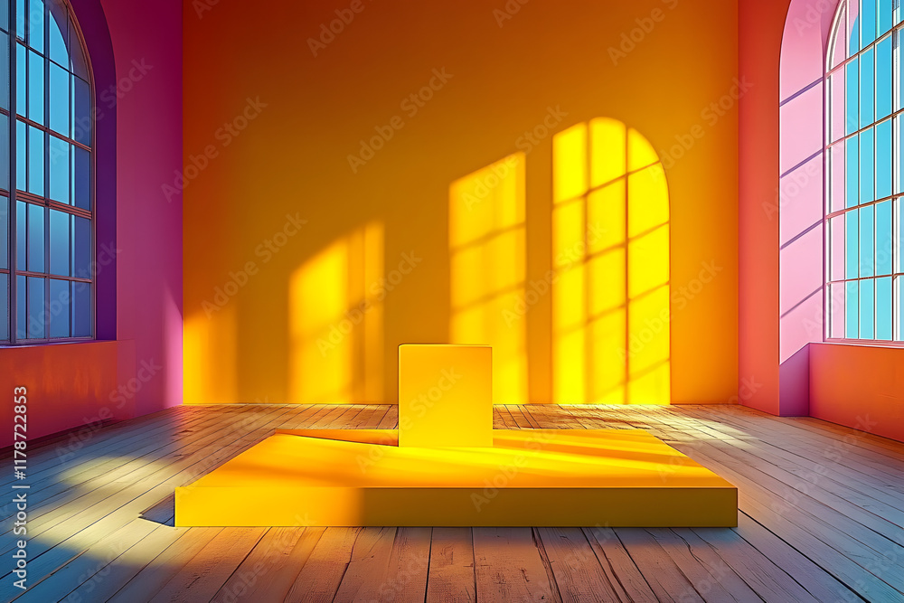 Poster a 3d rendering of an empty room with a yellow pedestal display against a vivid background, providing
