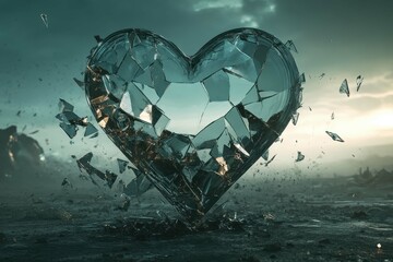 Fototapeta premium Shattered glass heart reflecting a dramatic sky with fragments scattering in a mystical landscape
